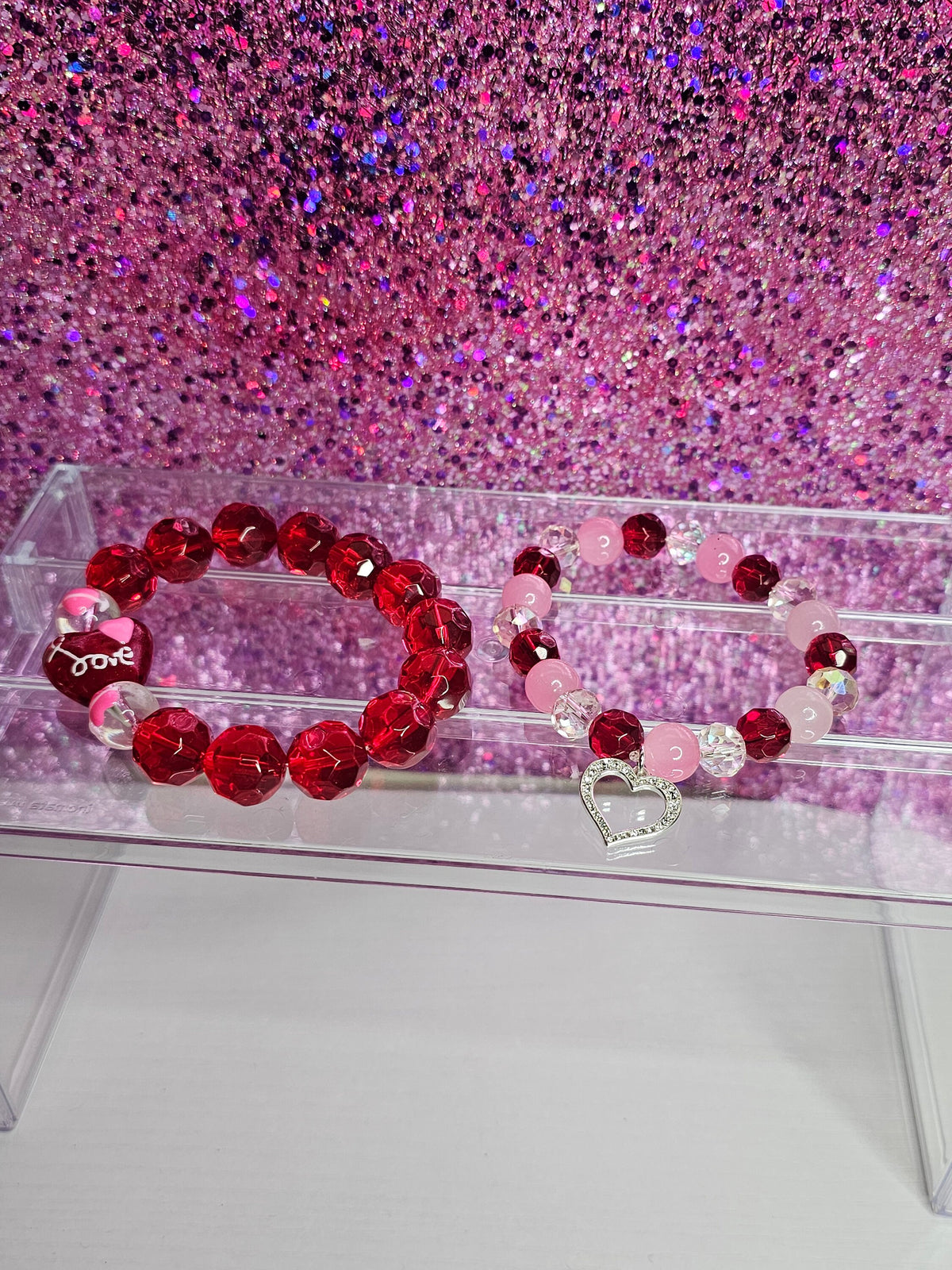 Valentine's day kawaii heart bracelet set Hight quality glass beads 2 PC or 1 PC, 925 Stirling silver heart charm