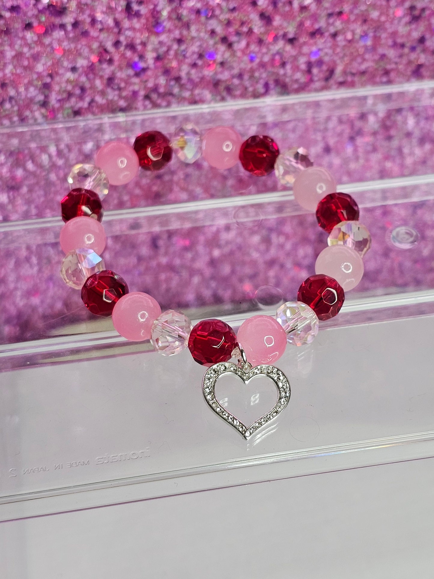 Valentine's day kawaii heart bracelet set Hight quality glass beads 2 PC or 1 PC, 925 Stirling silver heart charm