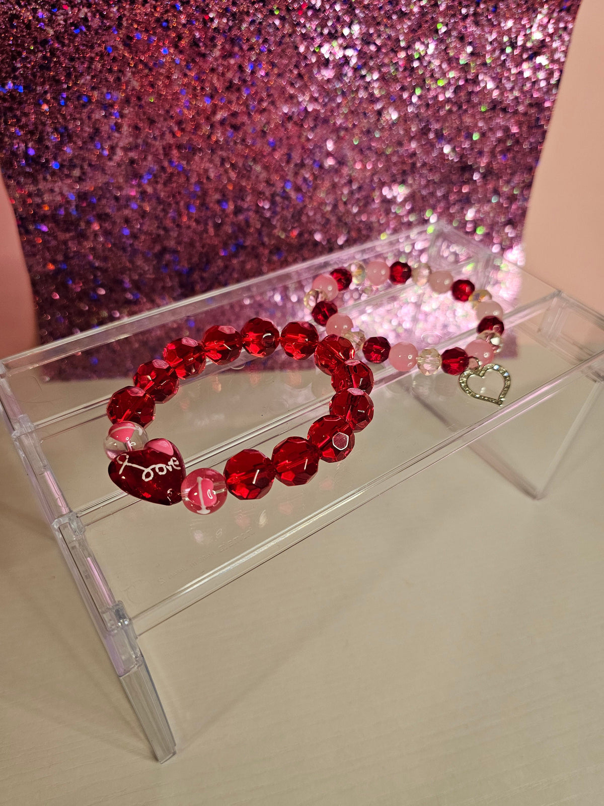 Valentine's day kawaii heart bracelet set Hight quality glass beads 2 PC or 1 PC, 925 Stirling silver heart charm