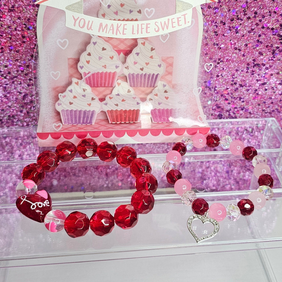 Valentine's day kawaii heart bracelet set Hight quality glass beads 2 PC or 1 PC, 925 Stirling silver heart charm