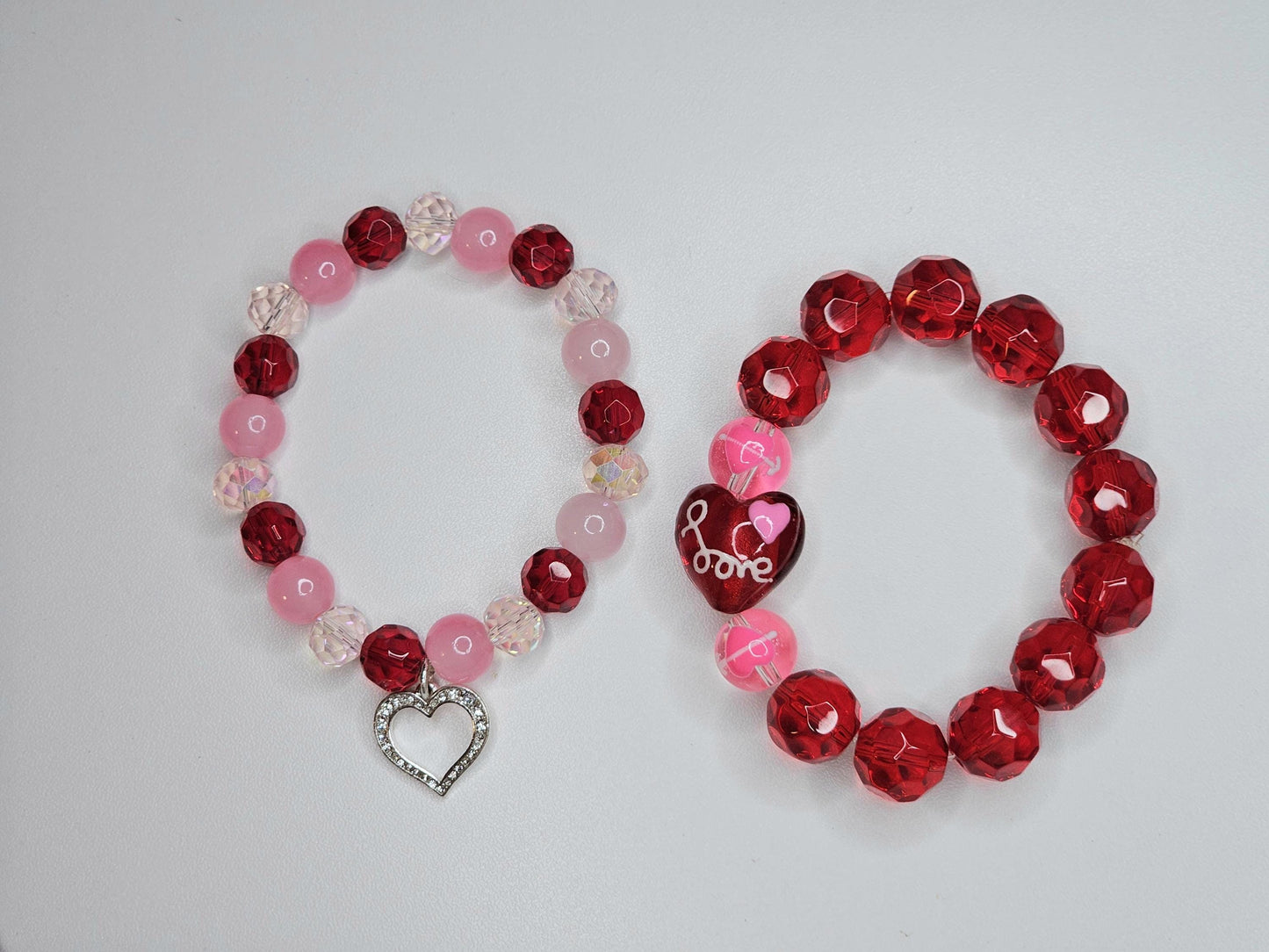 Valentine's day kawaii heart bracelet set Hight quality glass beads 2 PC or 1 PC, 925 Stirling silver heart charm