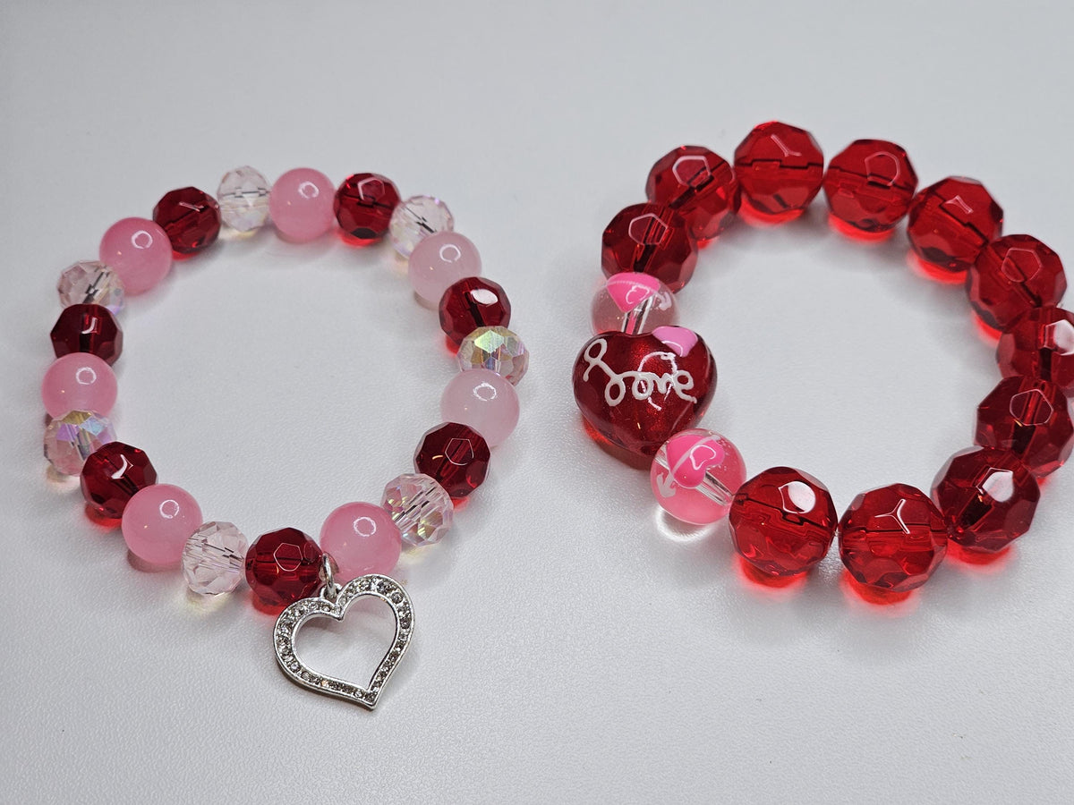 Valentine's day kawaii heart bracelet set Hight quality glass beads 2 PC or 1 PC, 925 Stirling silver heart charm